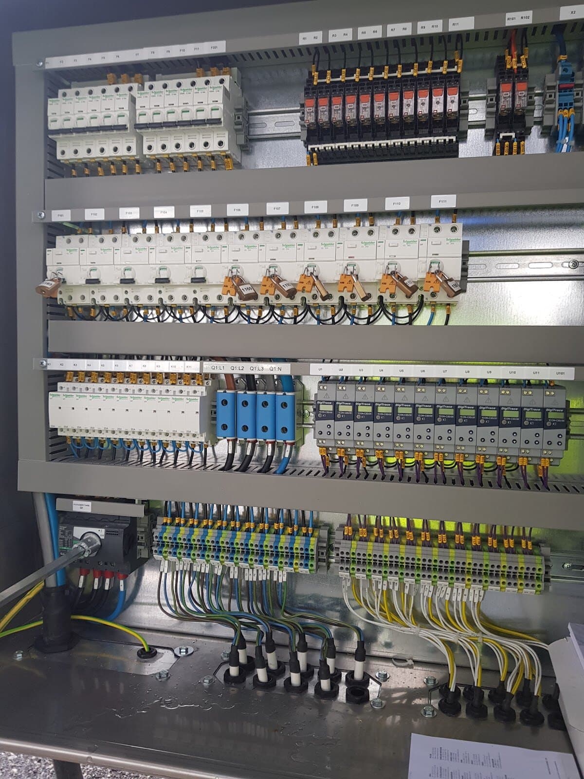 Three-phase distribution board with labelled breakers, surge protection devices and ferruled terminations running down to the gland plate